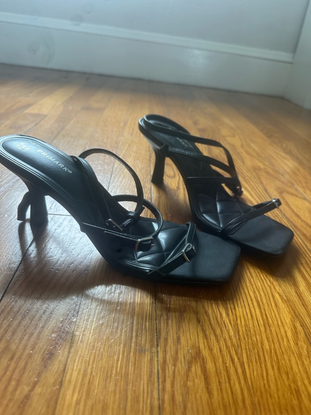 Primark Black Strappy Square-Toe Mid Heel Sandals